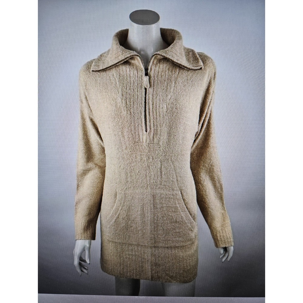 Barefoot Dreams CozyChic Lite Tan 1/2 Zip LS Knit Kangaroo Pouch Tunic, Plus 3X